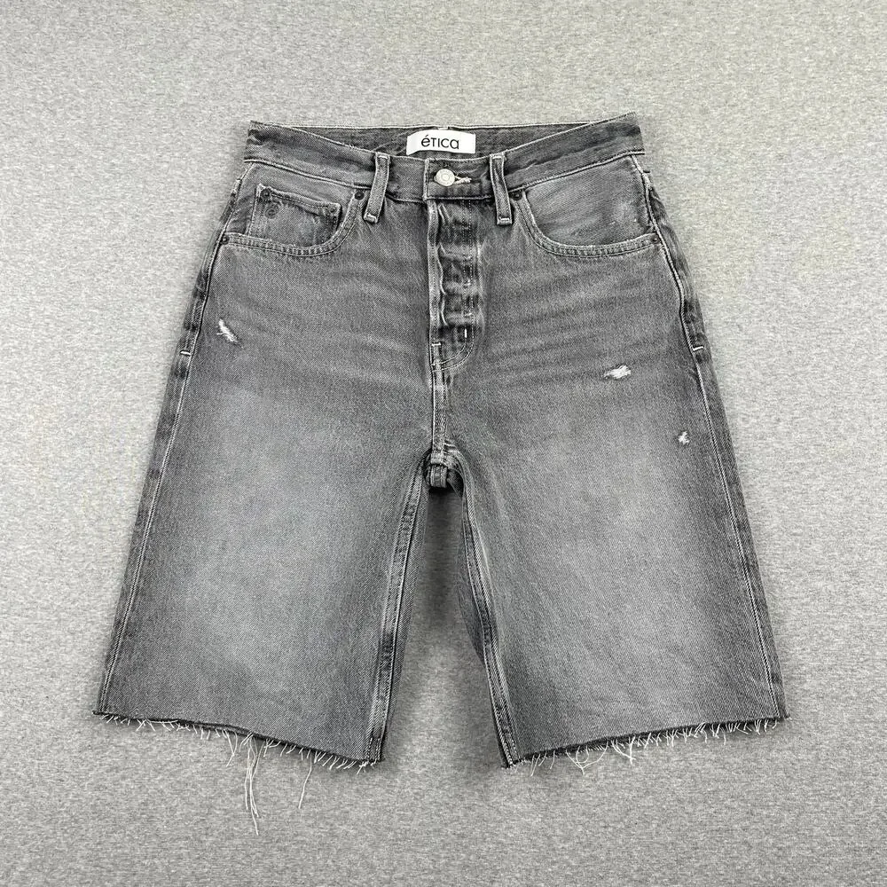 ETICA Brandy Long Denim Shorts Womens 25 Gray Quartzsite Organic Cotton Bermuda